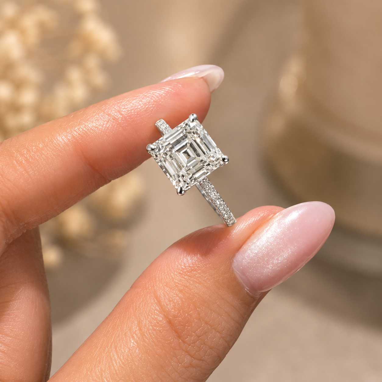 4.00 CT Asscher Cut Lab-Grown Diamond Engagement Ring in 14K White Gold – Pavé Setting Square Diamond Design