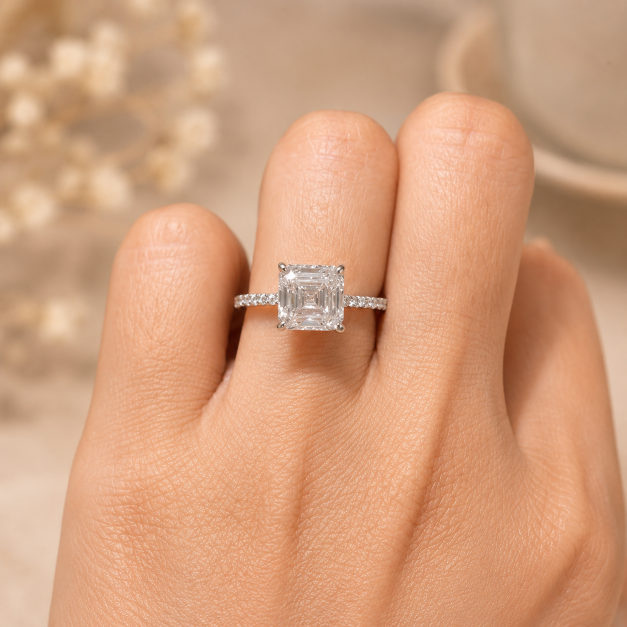 4.00 CT Asscher Cut Lab-Grown Diamond Engagement Ring in 14K White Gold – Pavé Setting Square Diamond Design
