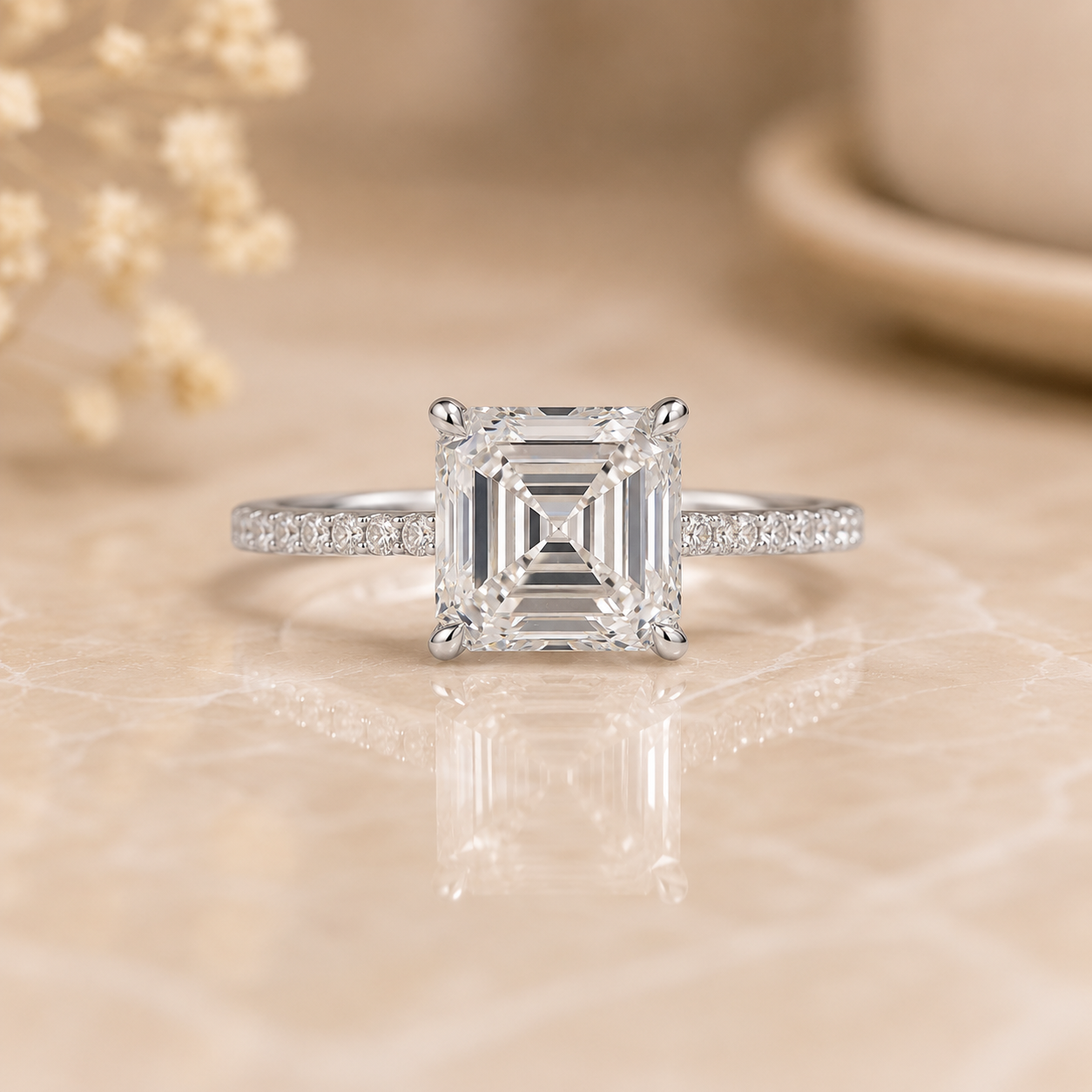 4.00 CT Asscher Cut Lab-Grown Diamond Engagement Ring in 14K White Gold – Pavé Setting Square Diamond Design