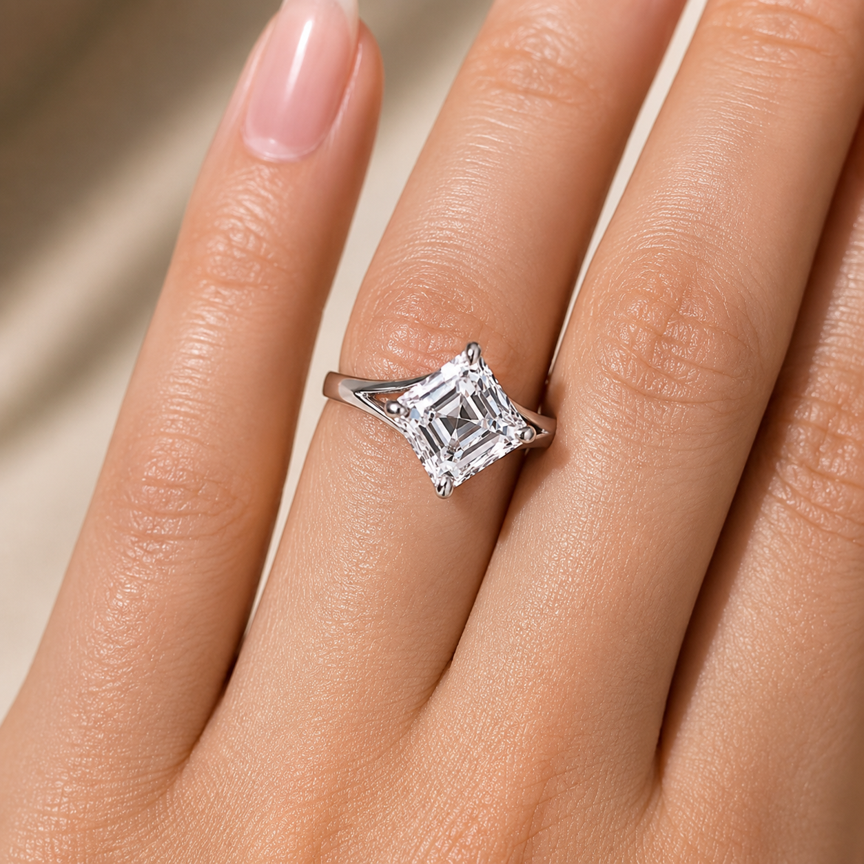 3.00 CT Asscher Cut Lab-Grown Diamond Solitaire Engagement Ring in 14K White Gold â€“ Split Shank Anniversary Design from Diamond Studio