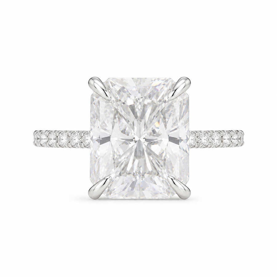 4.00 CT Radiant Cut Lab-Grown Diamond Double Hidden Halo Engagement Ring in 14K White Gold – Art Deco Solitaire Design