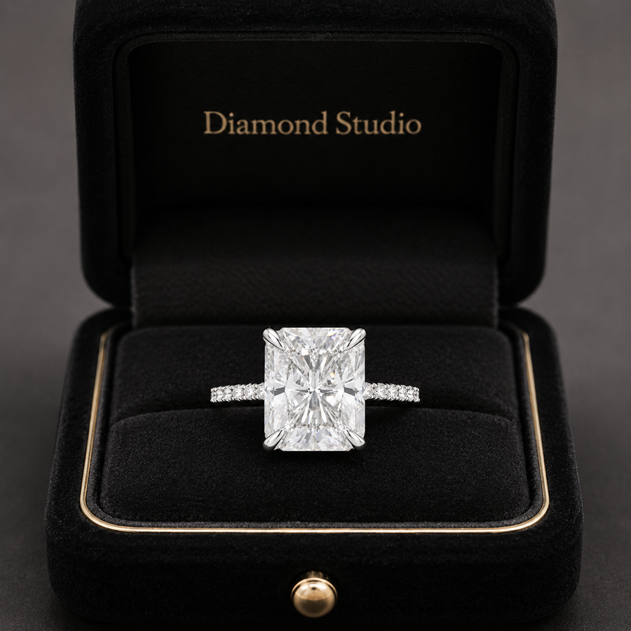 4.00 CT Radiant Cut Lab-Grown Diamond Double Hidden Halo Engagement Ring in 14K White Gold – Art Deco Solitaire Design