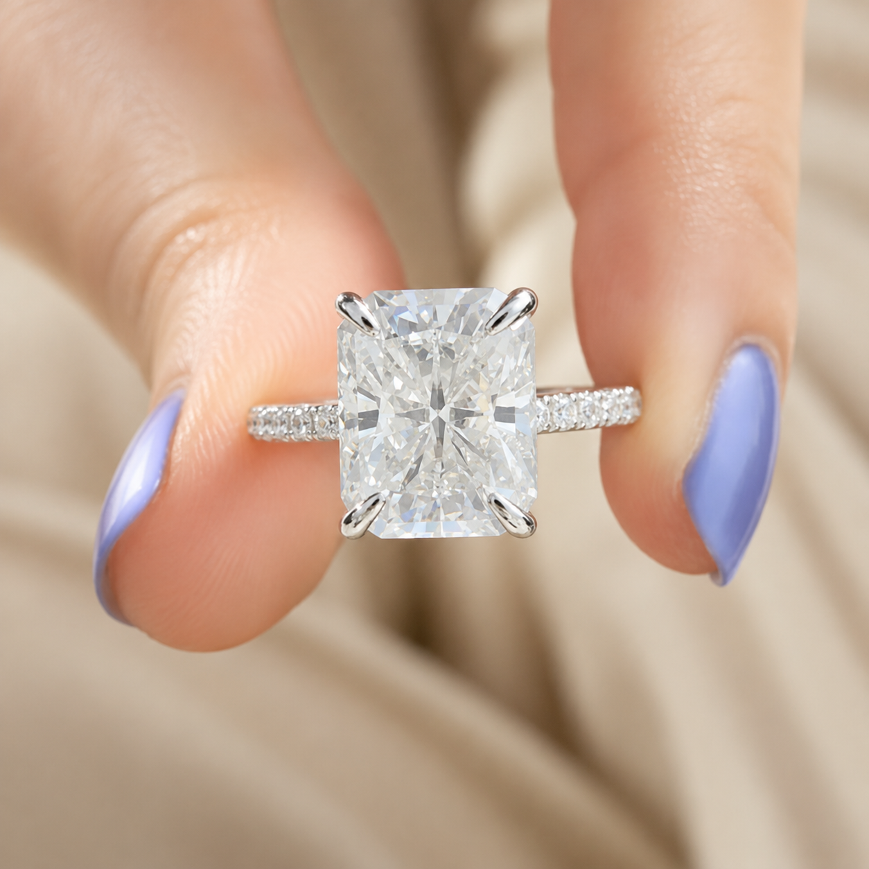 4.00 CT Radiant Cut Lab-Grown Diamond Double Hidden Halo Engagement Ring in 14K White Gold – Art Deco Solitaire Design