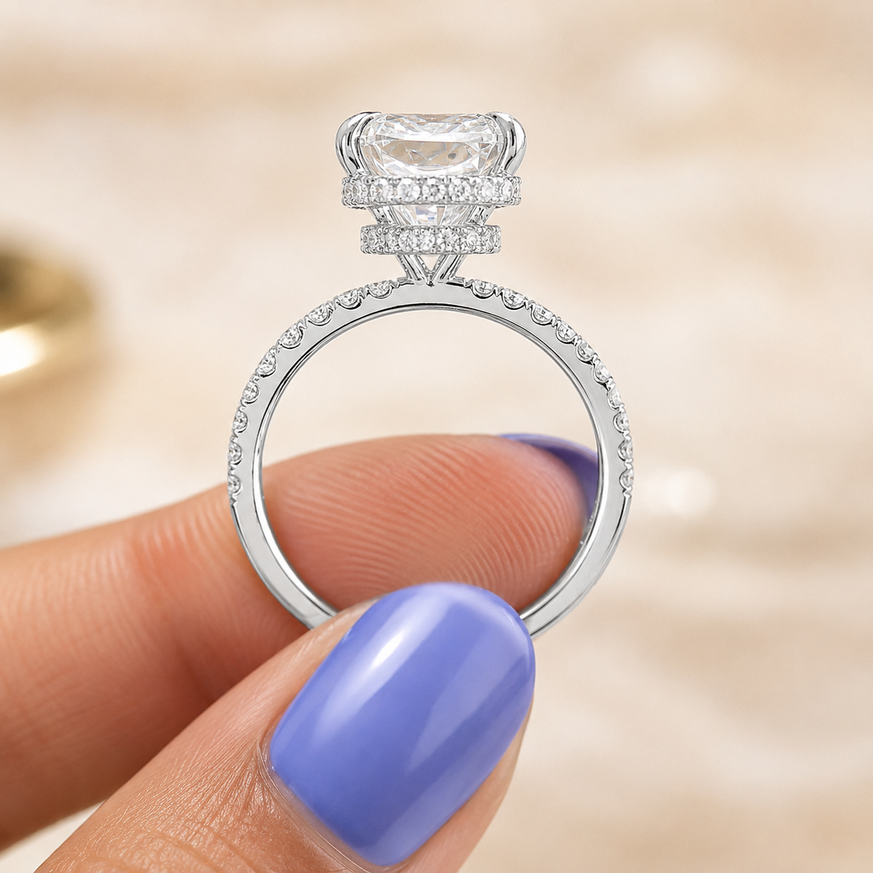 4.00 CT Radiant Cut Lab-Grown Diamond Double Hidden Halo Engagement Ring in 14K White Gold – Art Deco Solitaire Design
