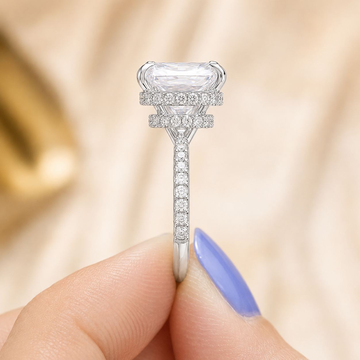 4.00 CT Radiant Cut Lab-Grown Diamond Double Hidden Halo Engagement Ring in 14K White Gold – Art Deco Solitaire Design