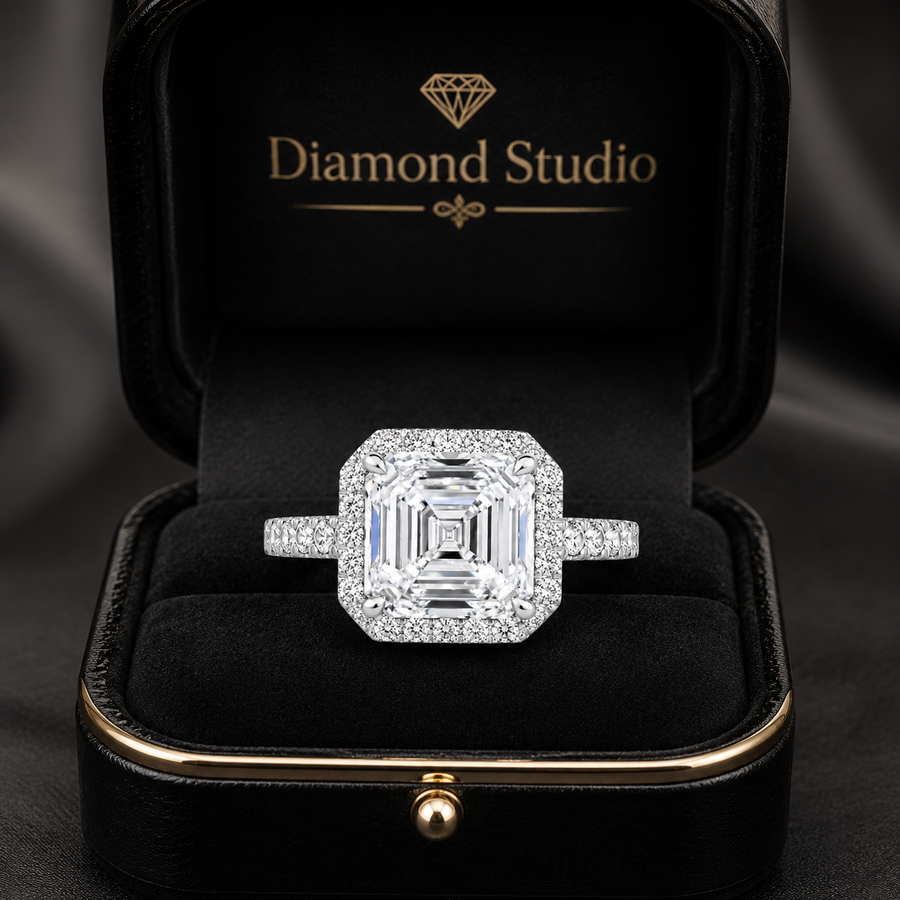 3.00 CT Asscher Cut Lab-Grown Diamond Halo Engagement Ring in 14K White Gold – Pavé Stackable Wedding Design
