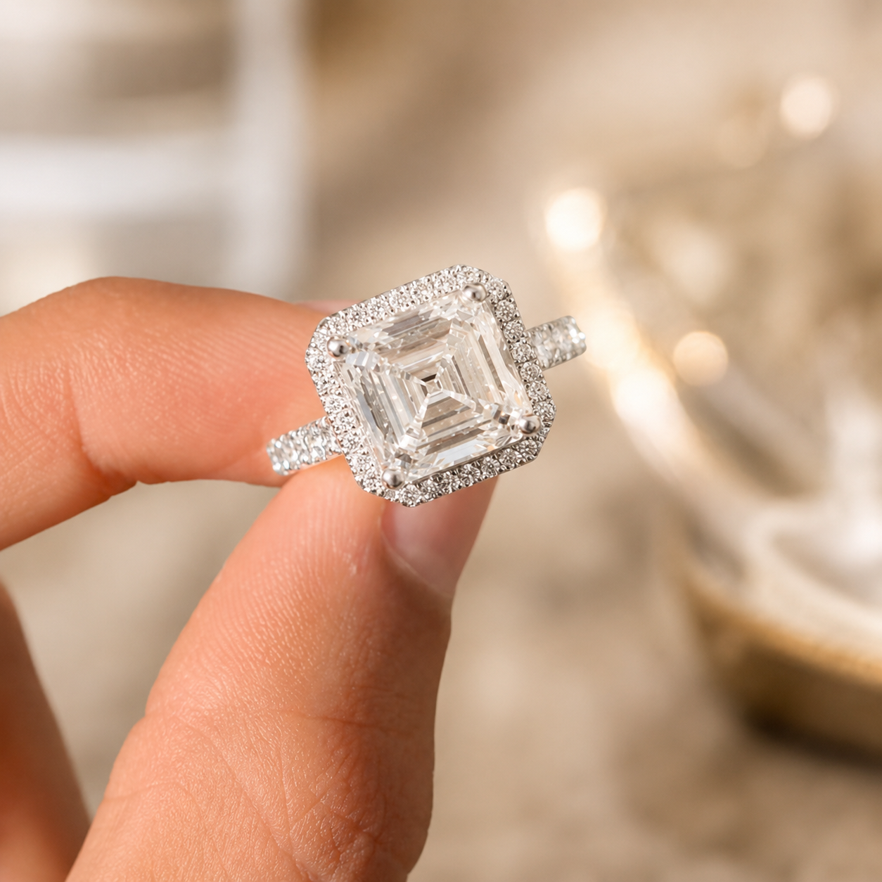 3.00 CT Asscher Cut Lab-Grown Diamond Halo Engagement Ring in 14K White Gold – Pavé Stackable Wedding Design