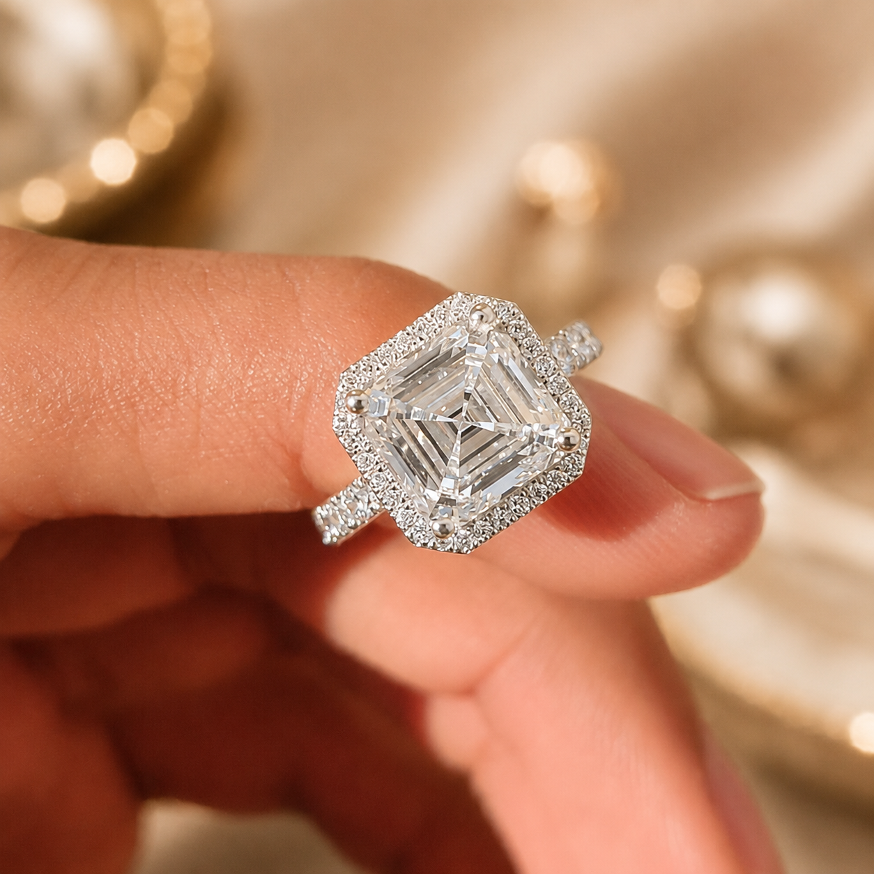 3.00 CT Asscher Cut Lab-Grown Diamond Halo Engagement Ring in 14K White Gold – Pavé Stackable Wedding Design