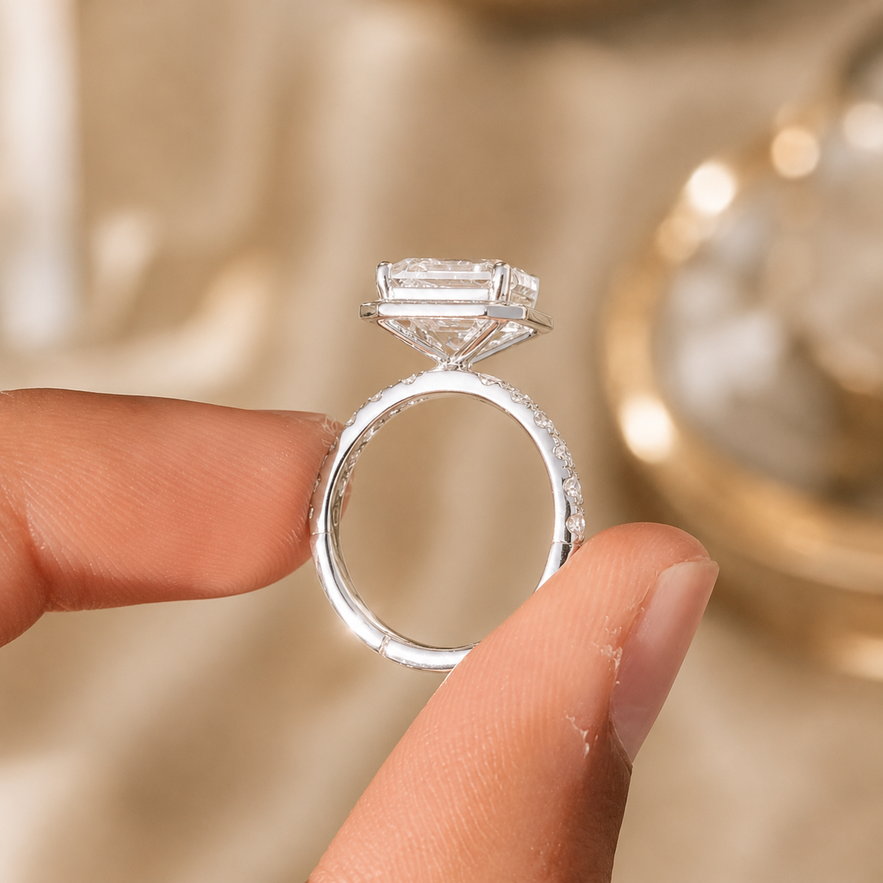 3.00 CT Asscher Cut Lab-Grown Diamond Halo Engagement Ring in 14K White Gold – Pavé Stackable Wedding Design
