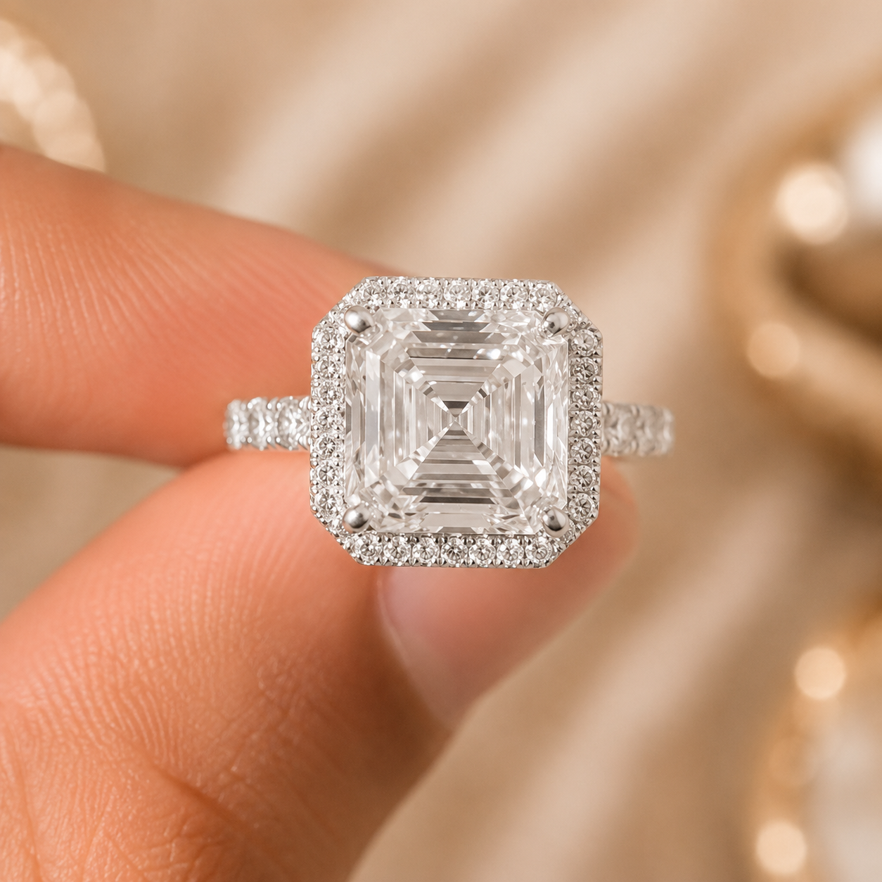 3.00 CT Asscher Cut Lab-Grown Diamond Halo Engagement Ring in 14K White Gold – Pavé Stackable Wedding Design