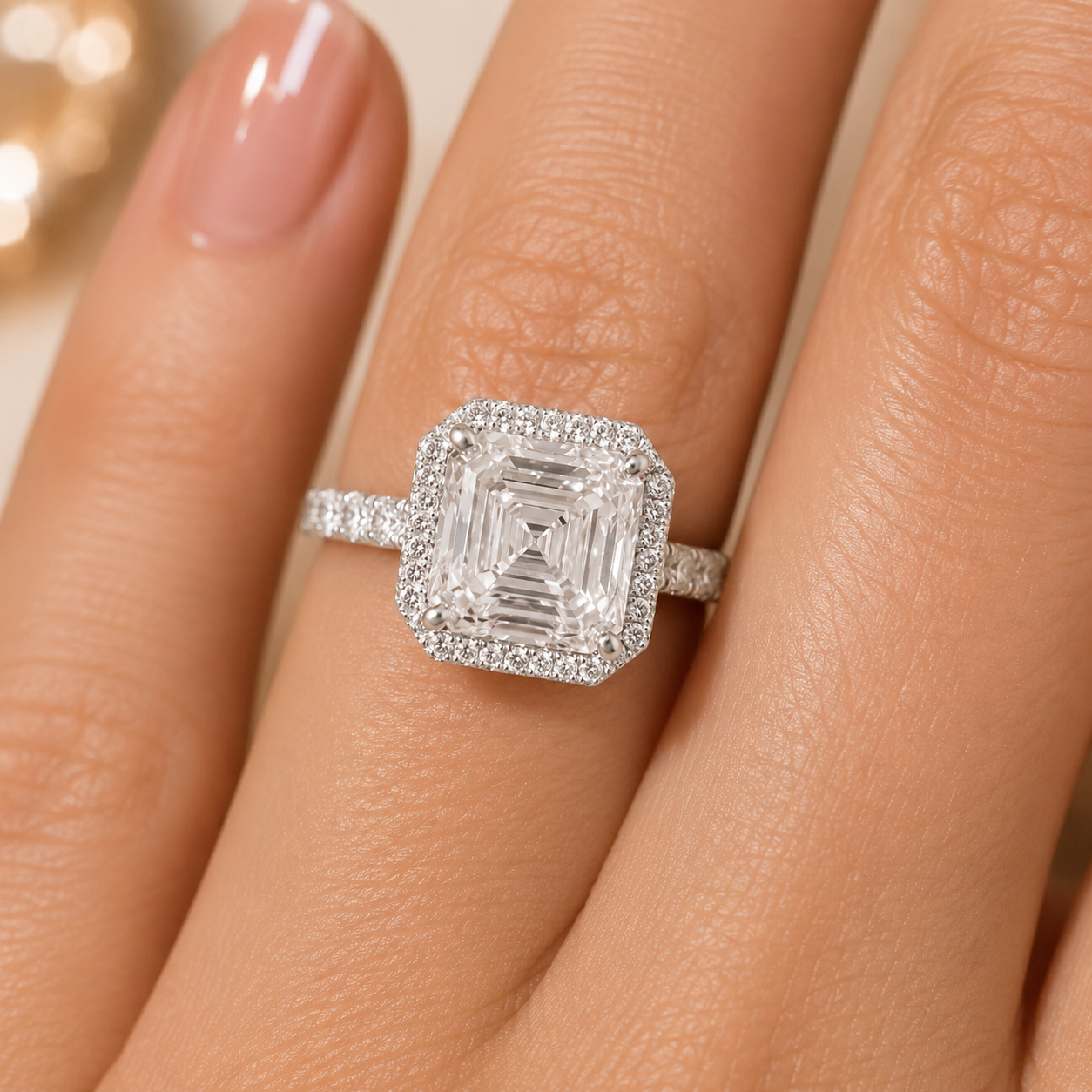 3.00 CT Asscher Cut Lab-Grown Diamond Halo Engagement Ring in 14K White Gold – Pavé Stackable Wedding Design
