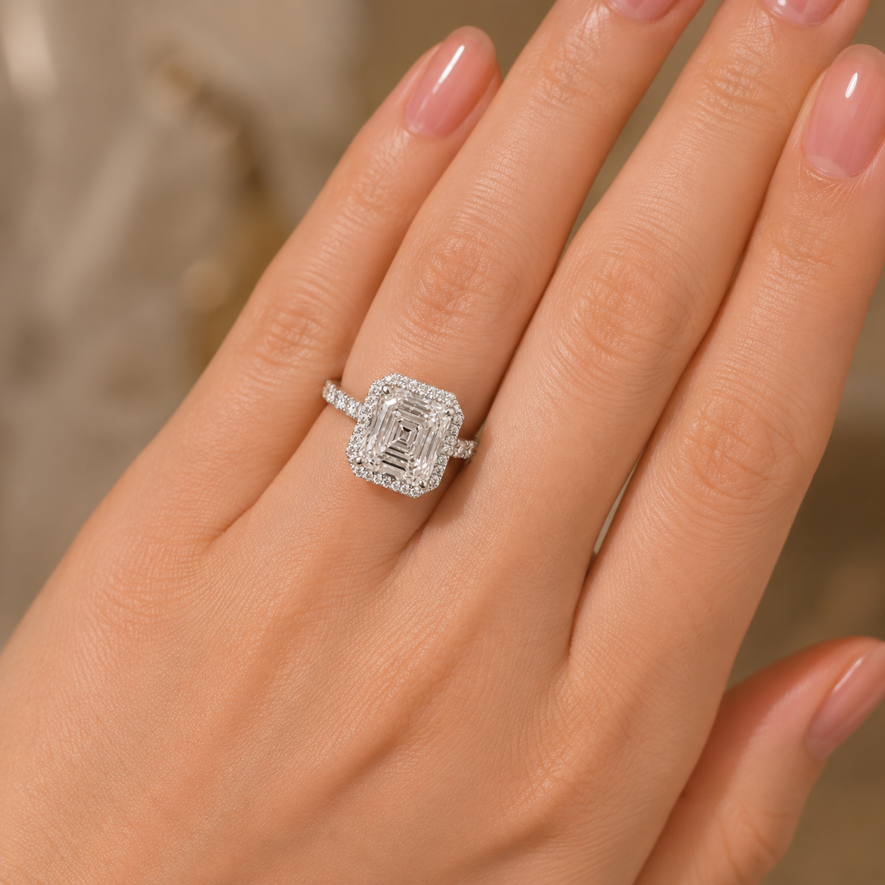 3.00 CT Asscher Cut Lab-Grown Diamond Halo Engagement Ring in 14K White Gold – Pavé Stackable Wedding Design