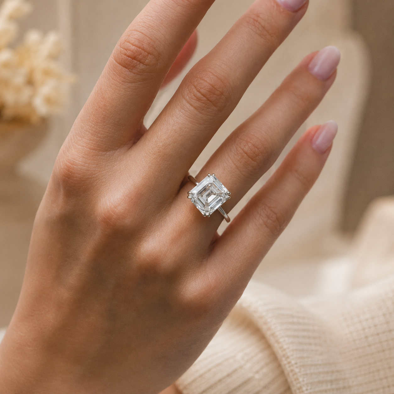 3.00 CT Asscher Cut Lab-Grown Diamond Solitaire Engagement Ring in 14K White Gold – Double Claw Prong Design