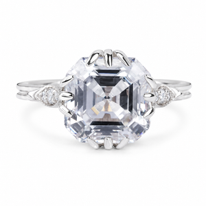 3.50 CT Asscher Cut Lab-Grown Diamond Solitaire Engagement Ring in 14K White Gold – Vintage Decorative Prong Design