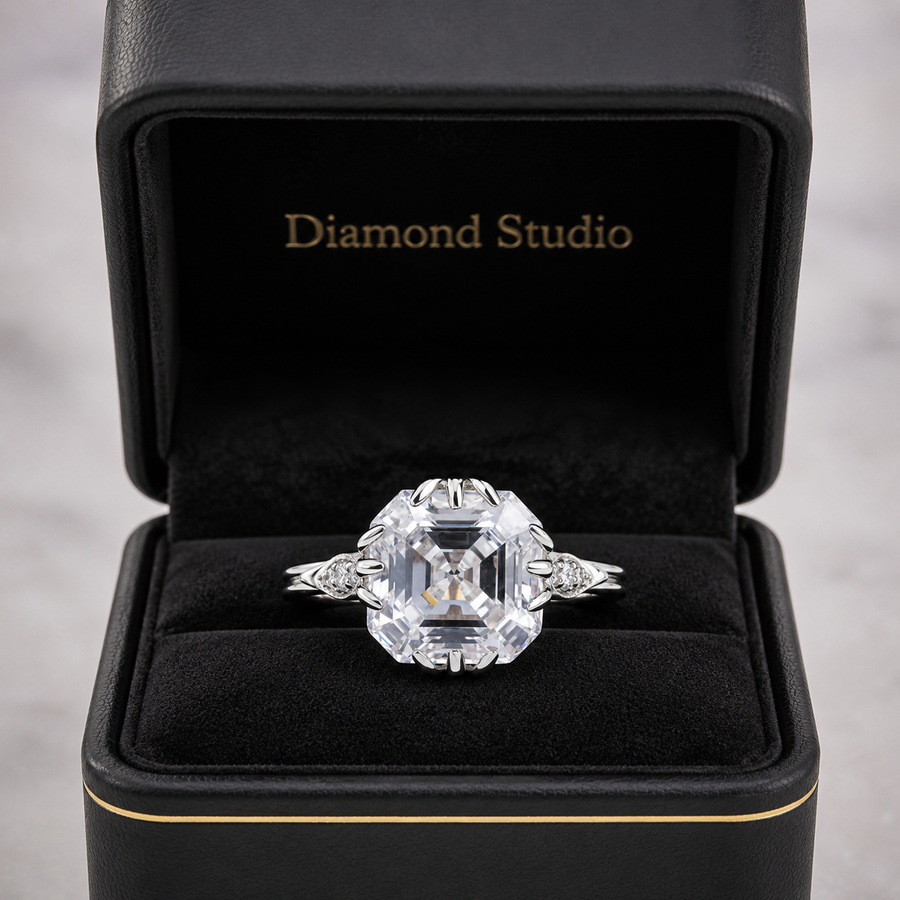 3.50 CT Asscher Cut Lab-Grown Diamond Solitaire Engagement Ring in 14K White Gold – Vintage Decorative Prong Design