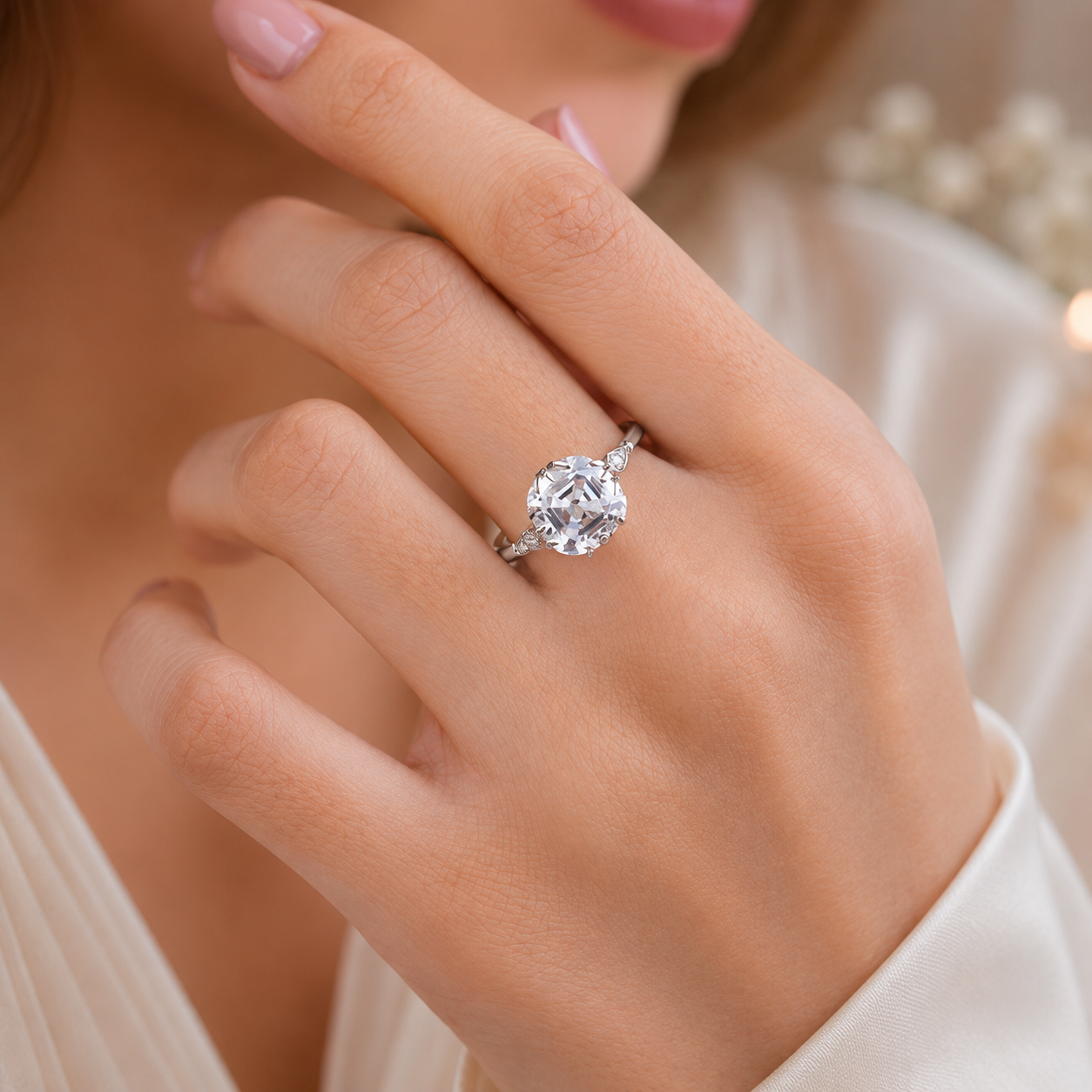 3.50 CT Asscher Cut Lab-Grown Diamond Solitaire Engagement Ring in 14K White Gold – Vintage Decorative Prong Design