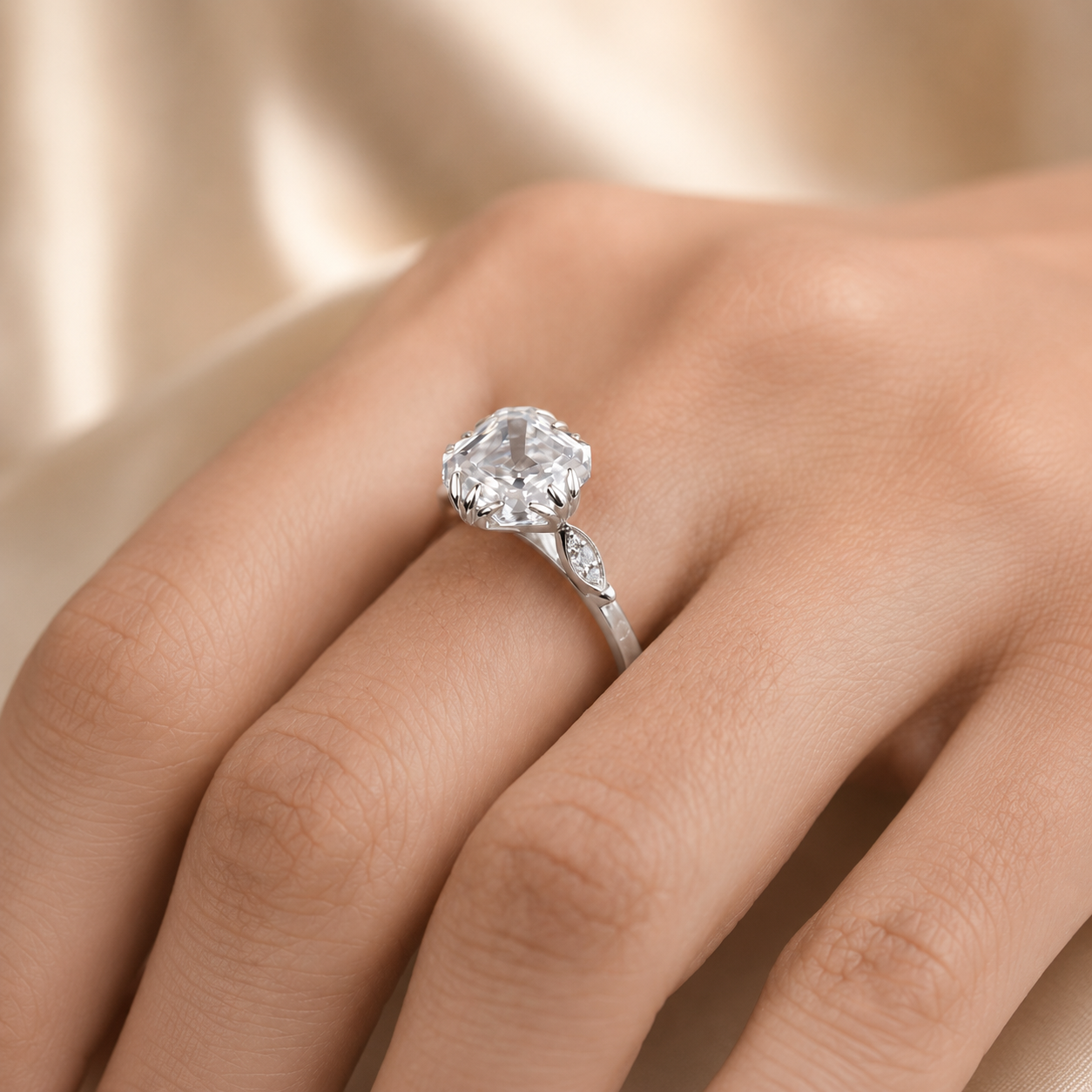 3.50 CT Asscher Cut Lab-Grown Diamond Solitaire Engagement Ring in 14K White Gold – Vintage Decorative Prong Design