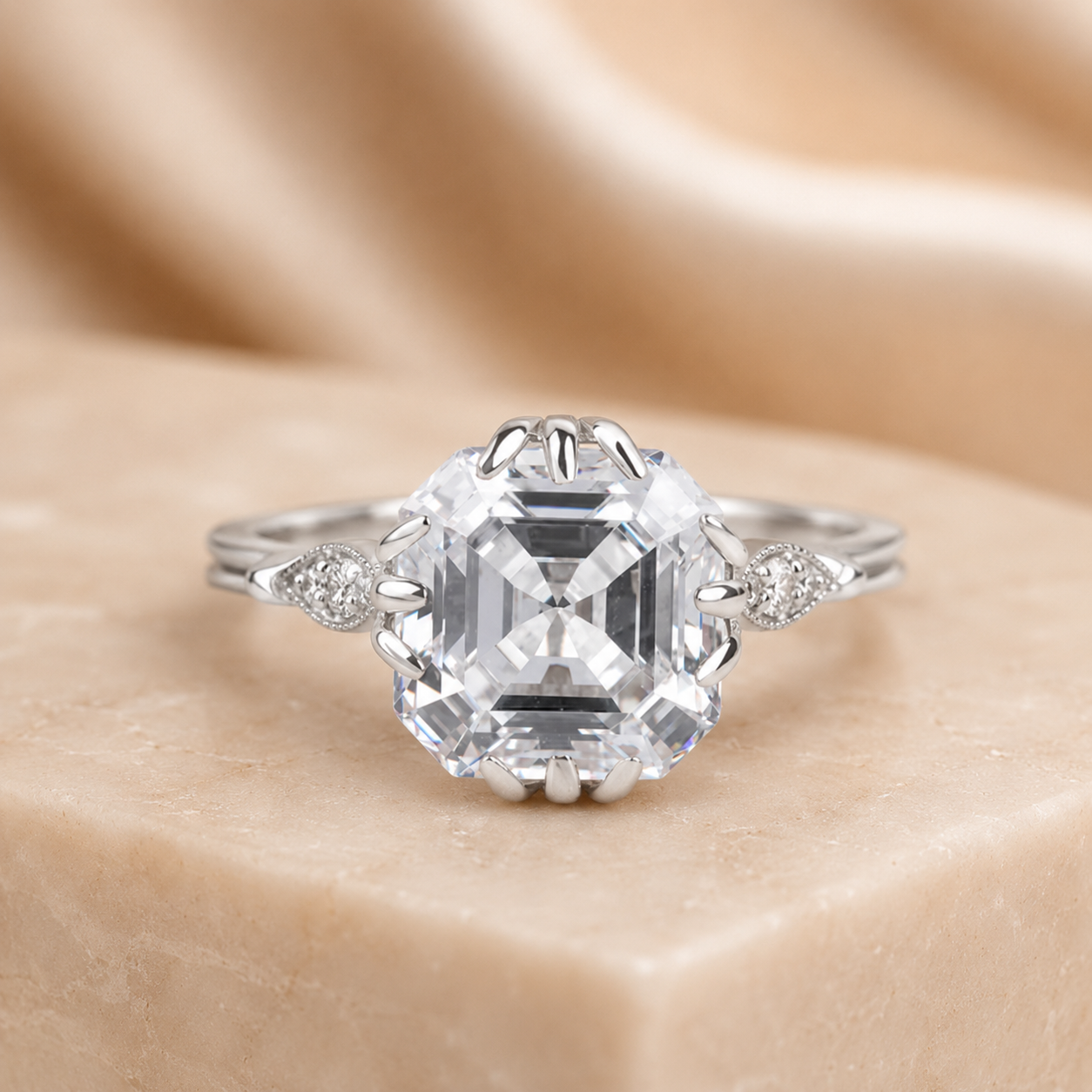 3.50 CT Asscher Cut Lab-Grown Diamond Solitaire Engagement Ring in 14K White Gold – Vintage Decorative Prong Design