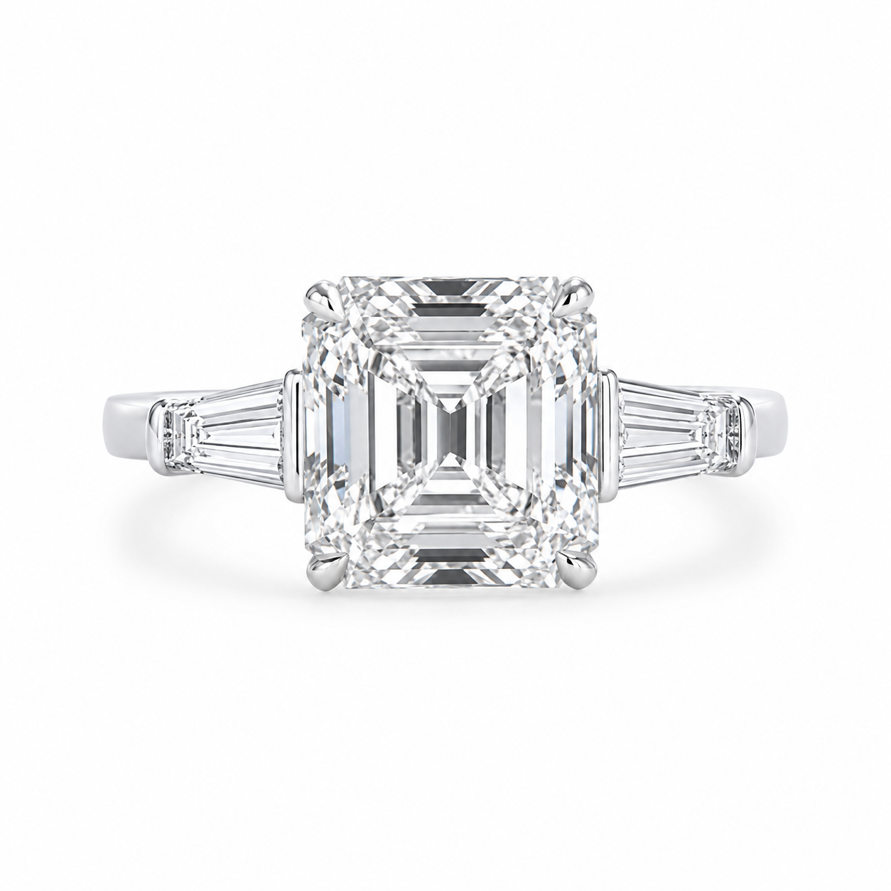 4.00 CT Asscher Cut Lab-Grown Diamond Three Stone Engagement Ring in 14K White Gold – Tapered Baguette Side Stone Design