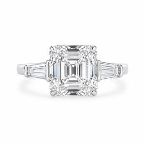 4.00 CT Asscher Cut Lab-Grown Diamond Three Stone Engagement Ring in 14K White Gold – Tapered Baguette Side Stone Design