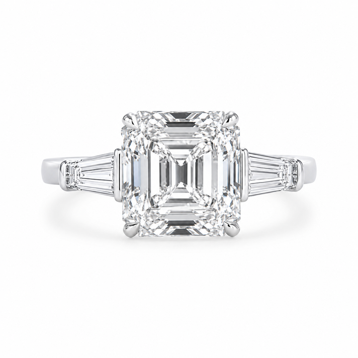 4.00 CT Asscher Cut Lab-Grown Diamond Three Stone Engagement Ring in 14K White Gold â€“ Tapered Baguette Side Stone Design from Diamond Studio
