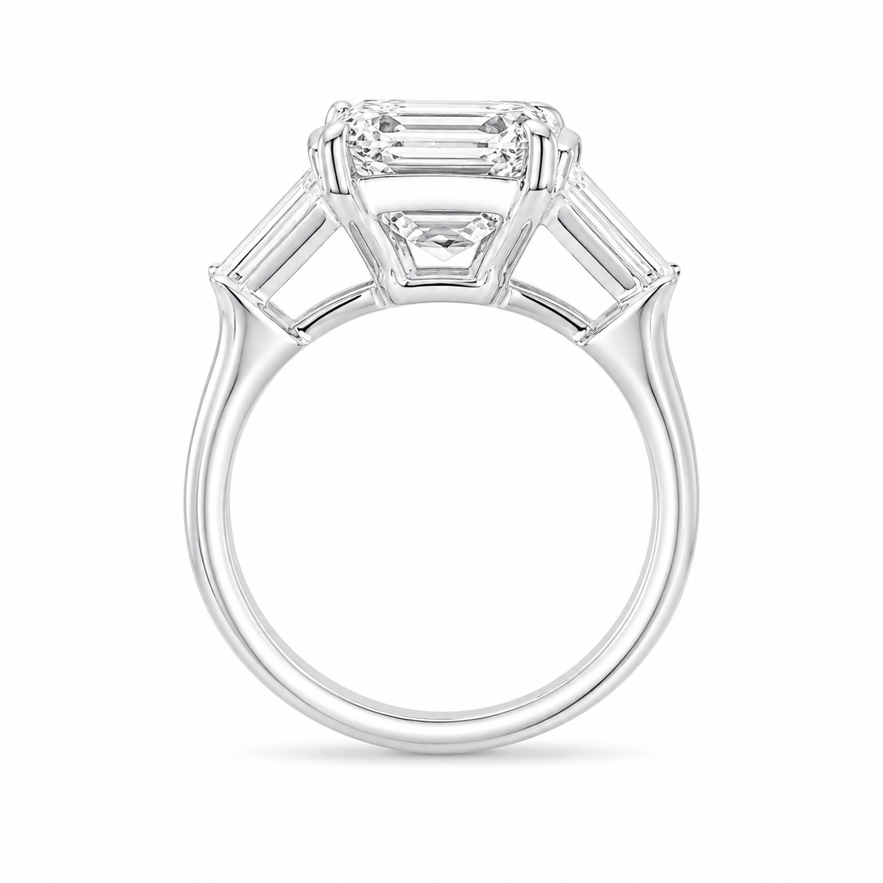 4.00 CT Asscher Cut Lab-Grown Diamond Three Stone Engagement Ring in 14K White Gold – Tapered Baguette Side Stone Design