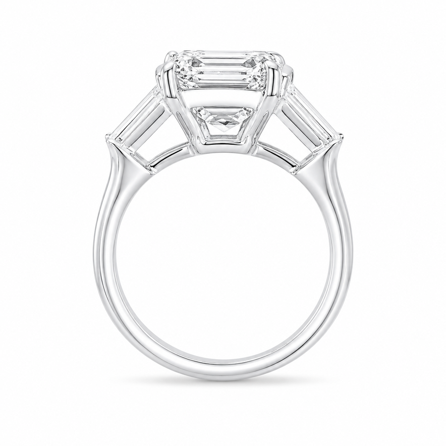 4.00 CT Asscher Cut Lab-Grown Diamond Three Stone Engagement Ring in 14K White Gold – Tapered Baguette Side Stone Design