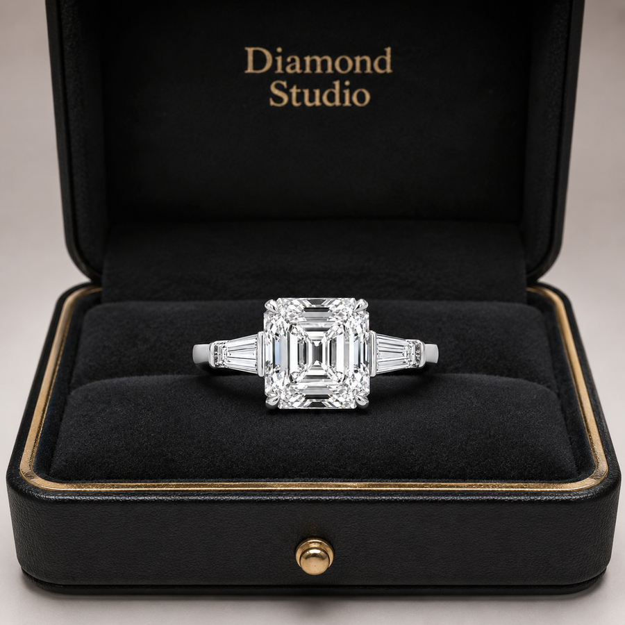 4.00 CT Asscher Cut Lab-Grown Diamond Three Stone Engagement Ring in 14K White Gold – Tapered Baguette Side Stone Design