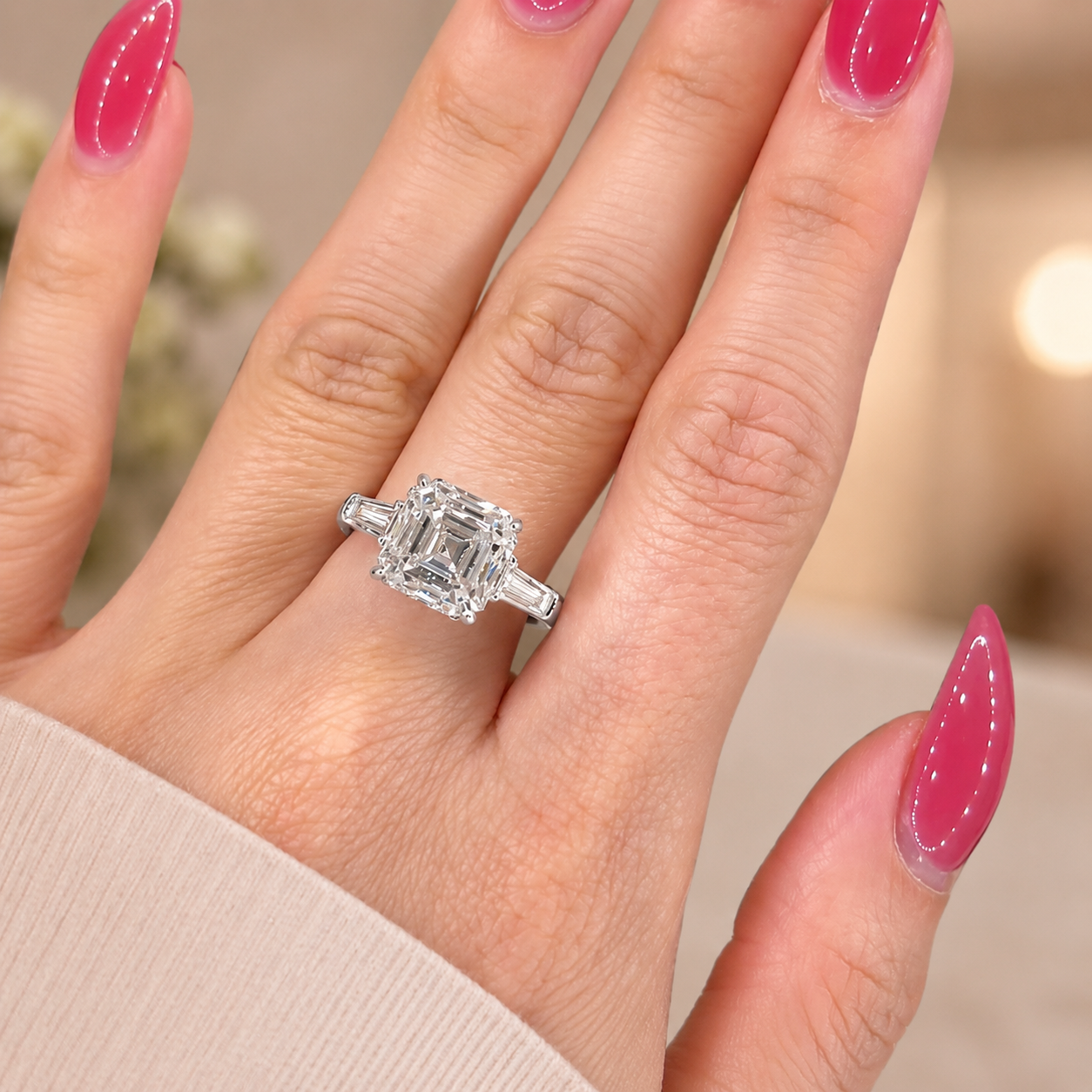 4.00 CT Asscher Cut Lab-Grown Diamond Three Stone Engagement Ring in 14K White Gold – Tapered Baguette Side Stone Design