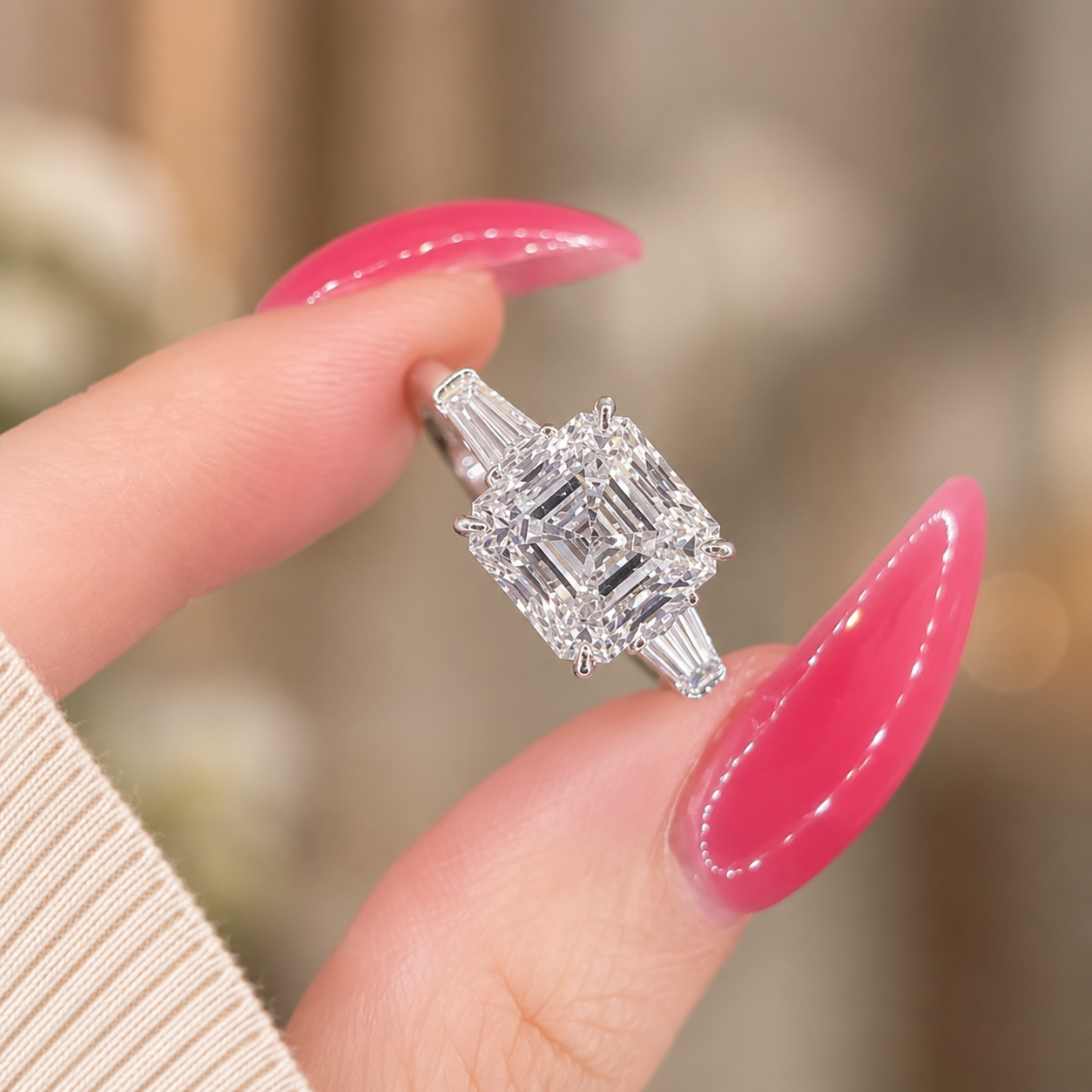 4.00 CT Asscher Cut Lab-Grown Diamond Three Stone Engagement Ring in 14K White Gold – Tapered Baguette Side Stone Design