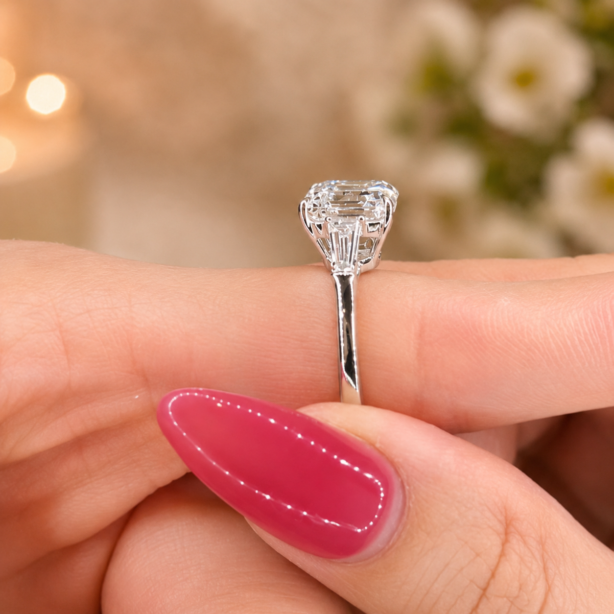 4.00 CT Asscher Cut Lab-Grown Diamond Three Stone Engagement Ring in 14K White Gold – Tapered Baguette Side Stone Design