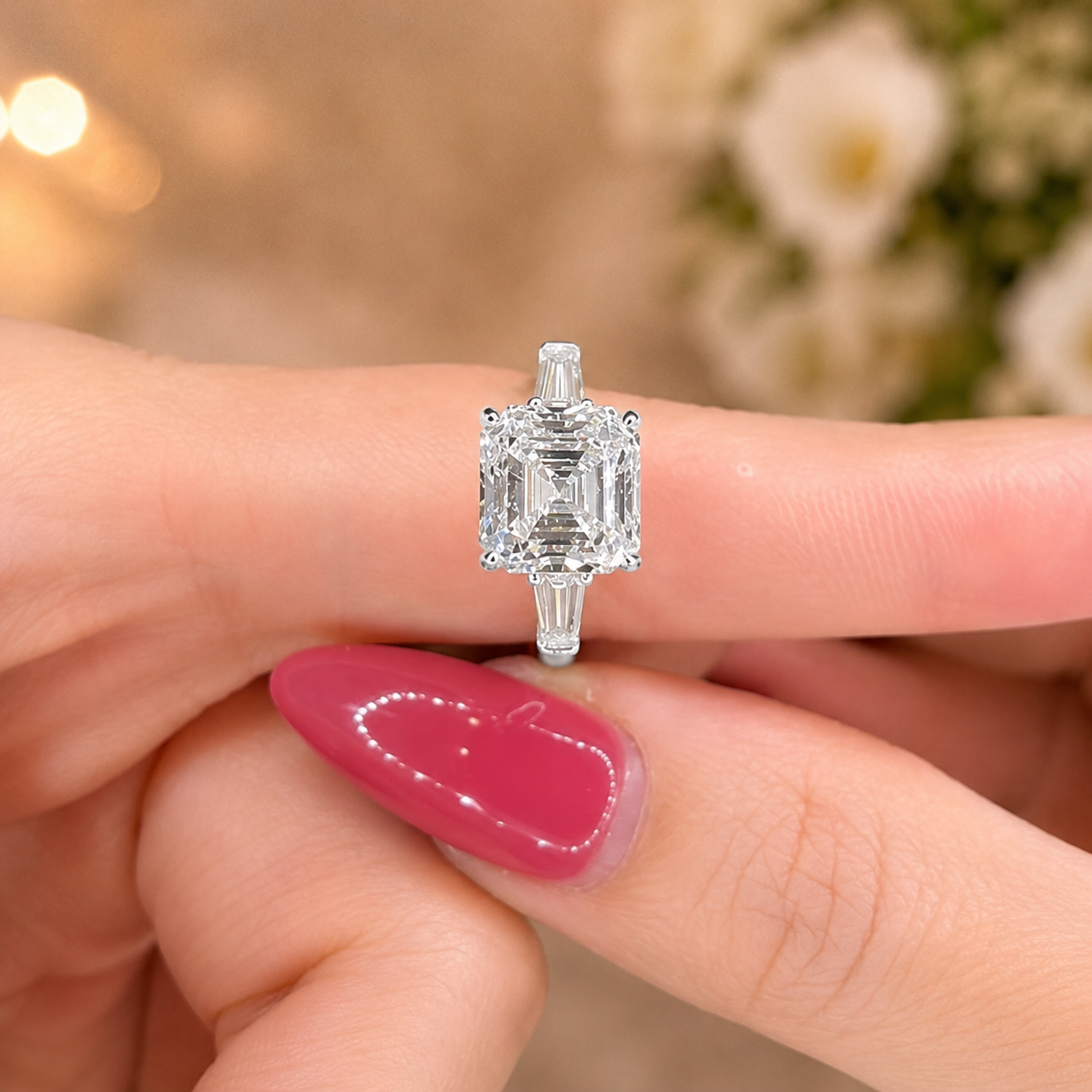 4.00 CT Asscher Cut Lab-Grown Diamond Three Stone Engagement Ring in 14K White Gold – Tapered Baguette Side Stone Design