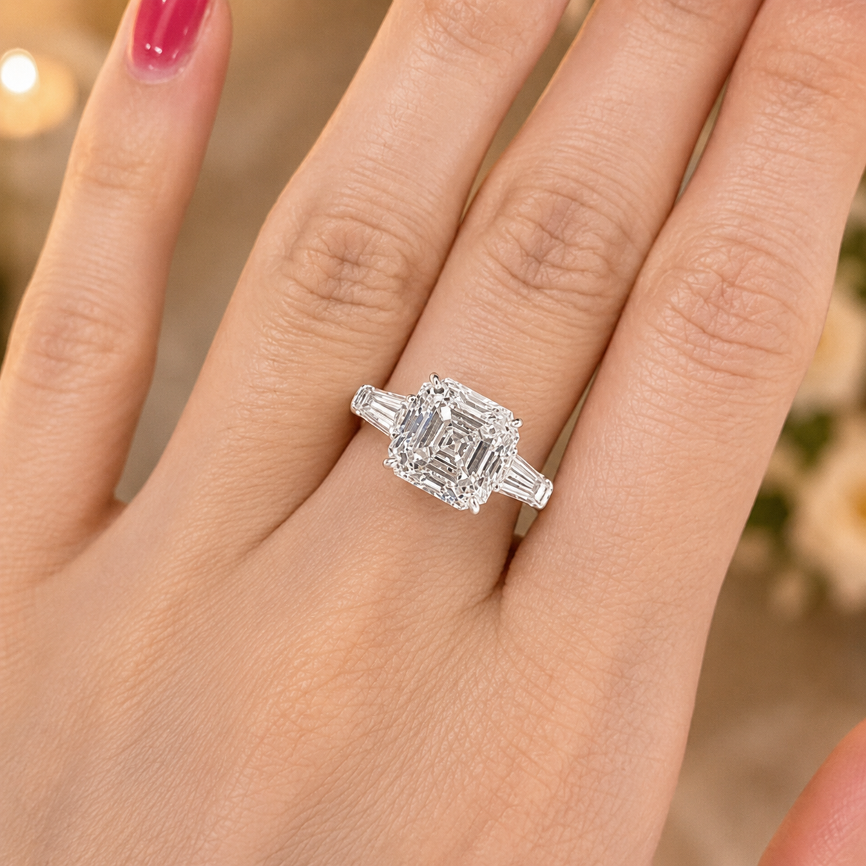4.00 CT Asscher Cut Lab-Grown Diamond Three Stone Engagement Ring in 14K White Gold – Tapered Baguette Side Stone Design