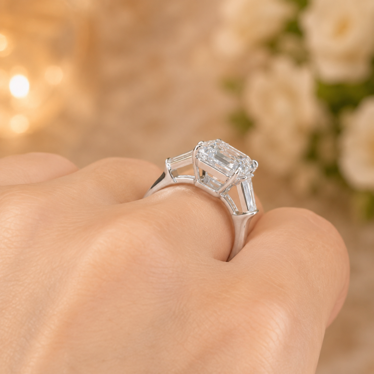 4.00 CT Asscher Cut Lab-Grown Diamond Three Stone Engagement Ring in 14K White Gold – Tapered Baguette Side Stone Design