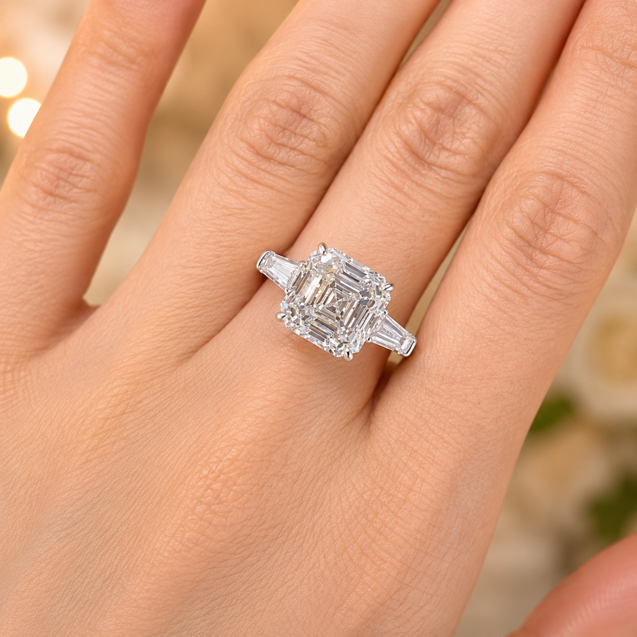 4.00 CT Asscher Cut Lab-Grown Diamond Three Stone Engagement Ring in 14K White Gold – Tapered Baguette Side Stone Design