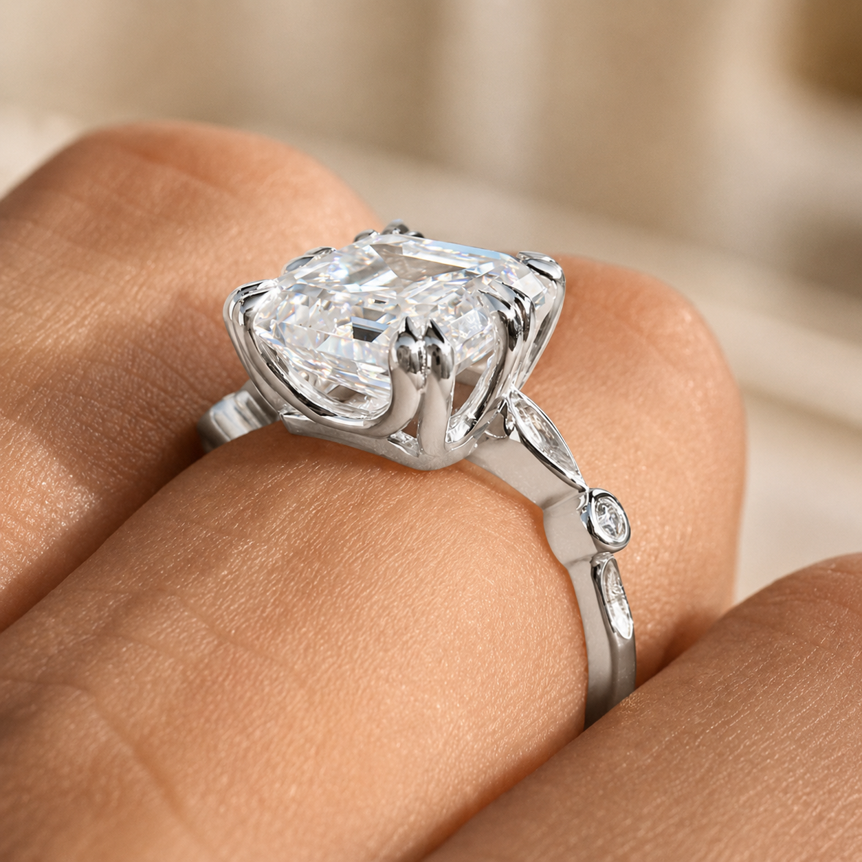 3.50 CT Asscher Cut Lab-Grown Diamond Solitaire Engagement Ring in 14K White Gold – Antique Old Mine Inspired Double Claw Design