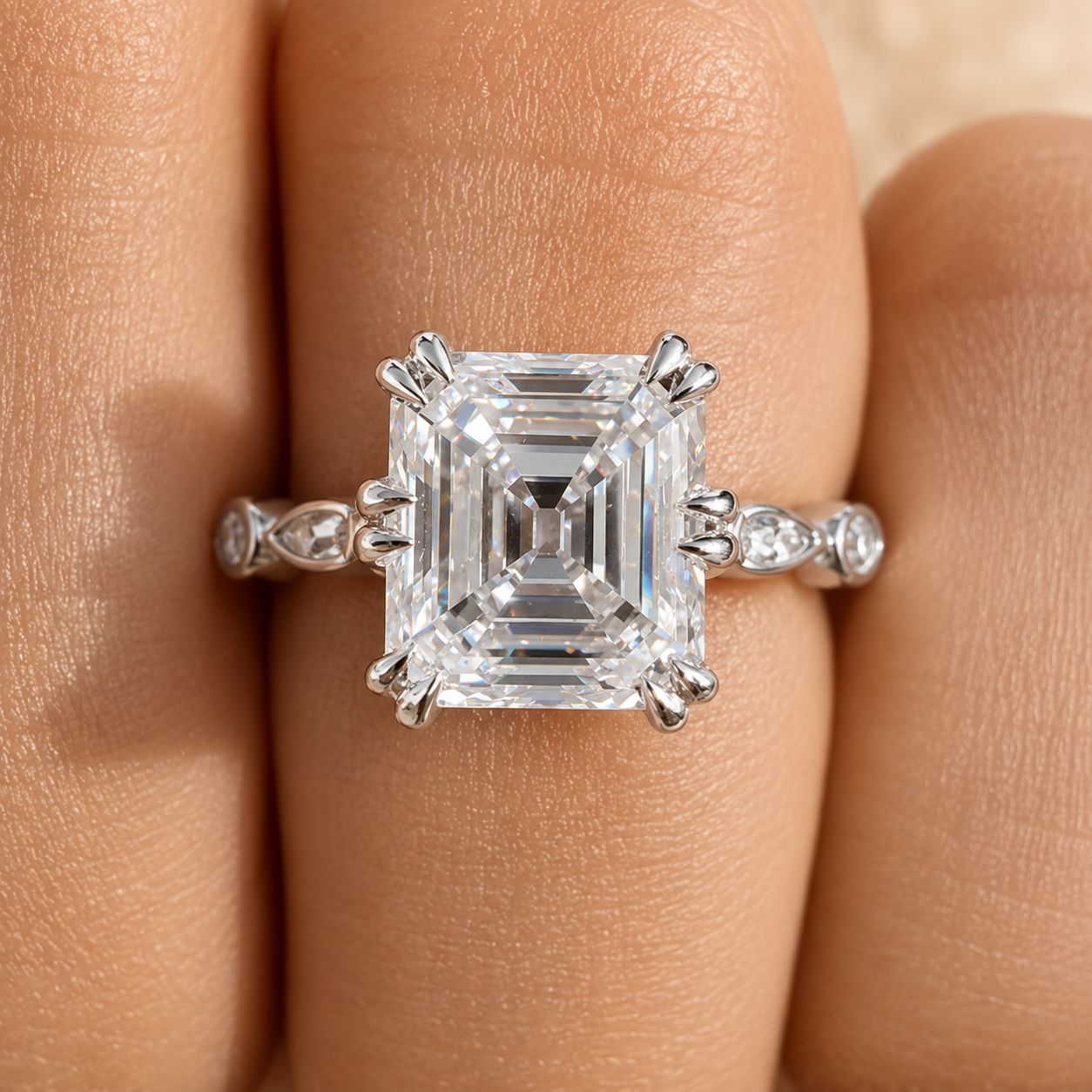 3.50 CT Asscher Cut Lab-Grown Diamond Solitaire Engagement Ring in 14K White Gold – Antique Old Mine Inspired Double Claw Design