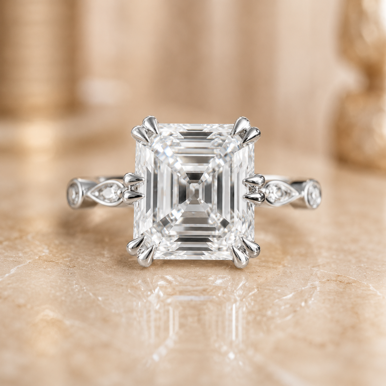 3.50 CT Asscher Cut Lab-Grown Diamond Solitaire Engagement Ring in 14K White Gold – Antique Old Mine Inspired Double Claw Design