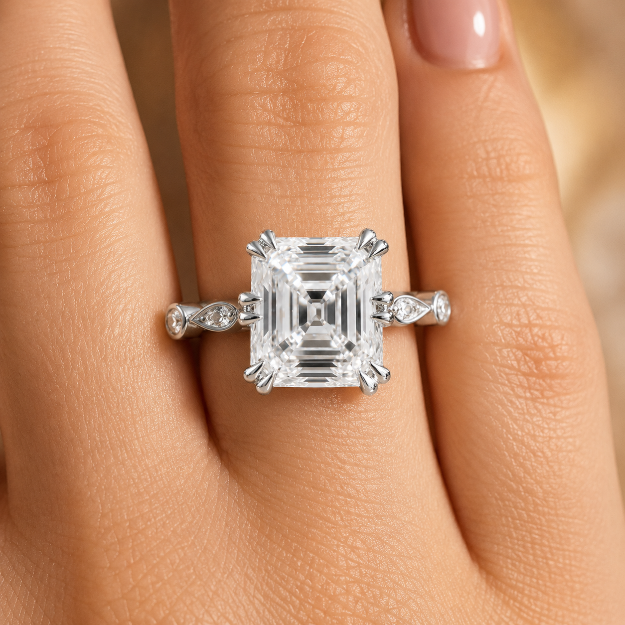 3.50 CT Asscher Cut Lab-Grown Diamond Solitaire Engagement Ring in 14K White Gold – Antique Old Mine Inspired Double Claw Design