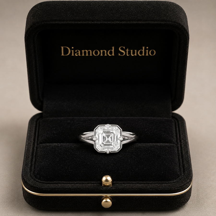 2.00 CT Asscher Cut Lab-Grown Diamond Solitaire Engagement Ring in 14K White Gold – Modern Compass Prong Low Set Design