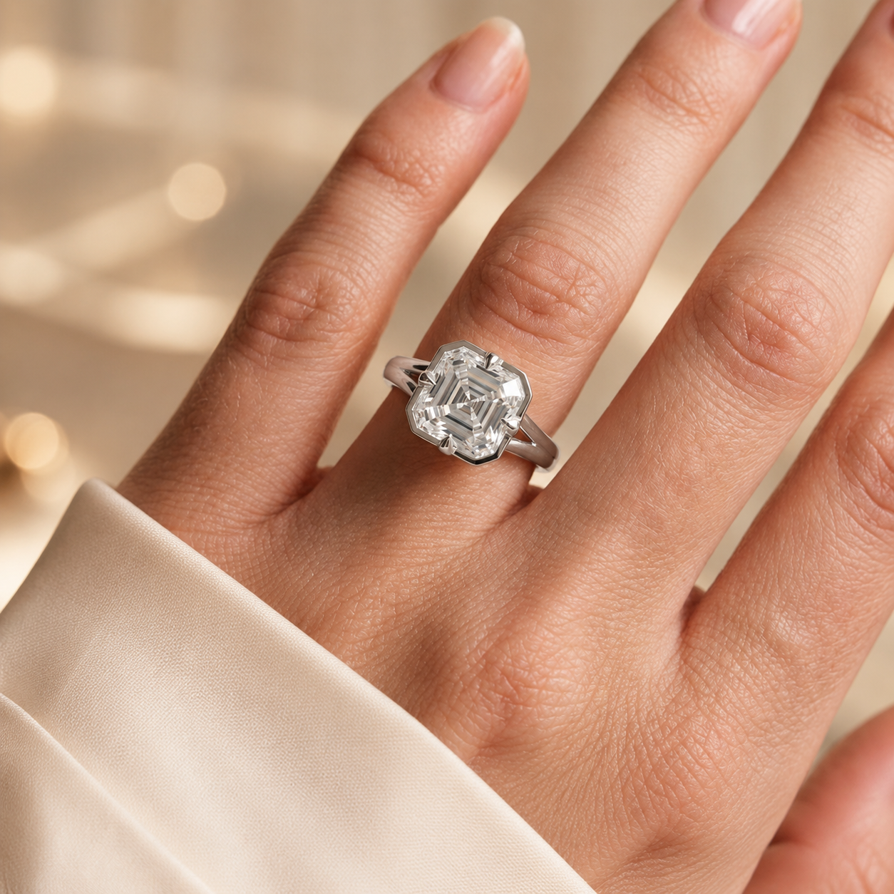 2.00 CT Asscher Cut Lab-Grown Diamond Solitaire Engagement Ring in 14K White Gold – Modern Compass Prong Low Set Design