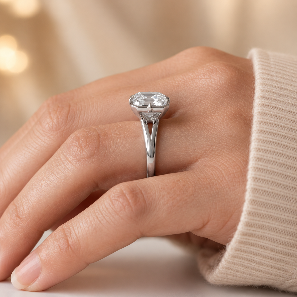 2.00 CT Asscher Cut Lab-Grown Diamond Solitaire Engagement Ring in 14K White Gold – Modern Compass Prong Low Set Design