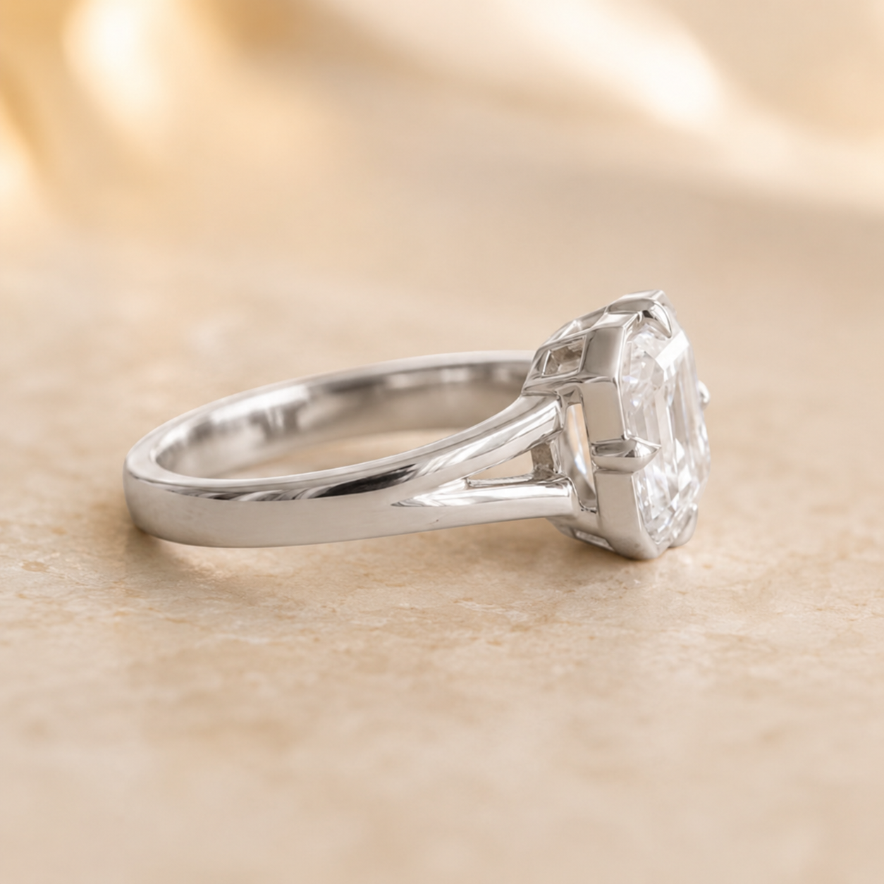 2.00 CT Asscher Cut Lab-Grown Diamond Solitaire Engagement Ring in 14K White Gold – Modern Compass Prong Low Set Design