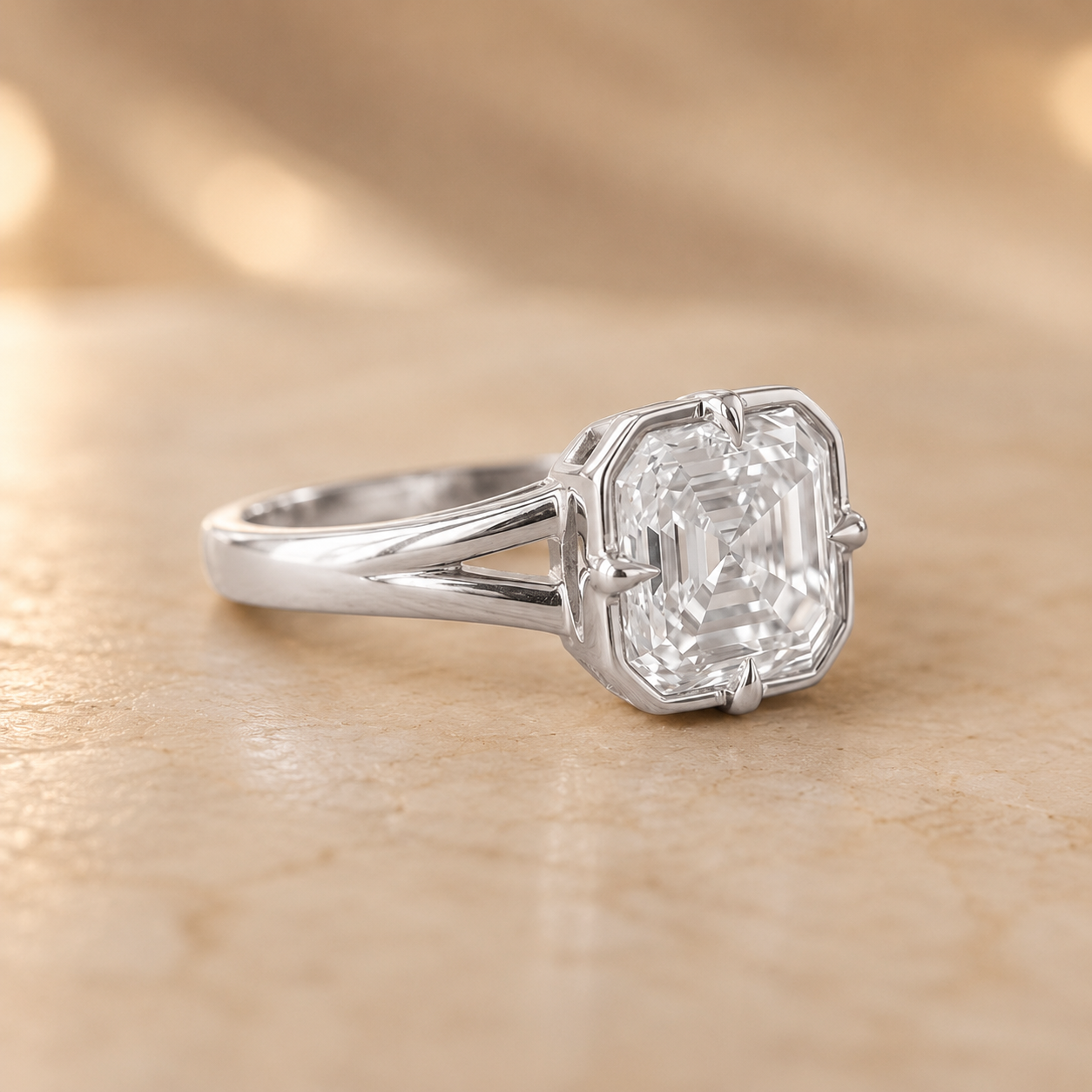 2.00 CT Asscher Cut Lab-Grown Diamond Solitaire Engagement Ring in 14K White Gold – Modern Compass Prong Low Set Design