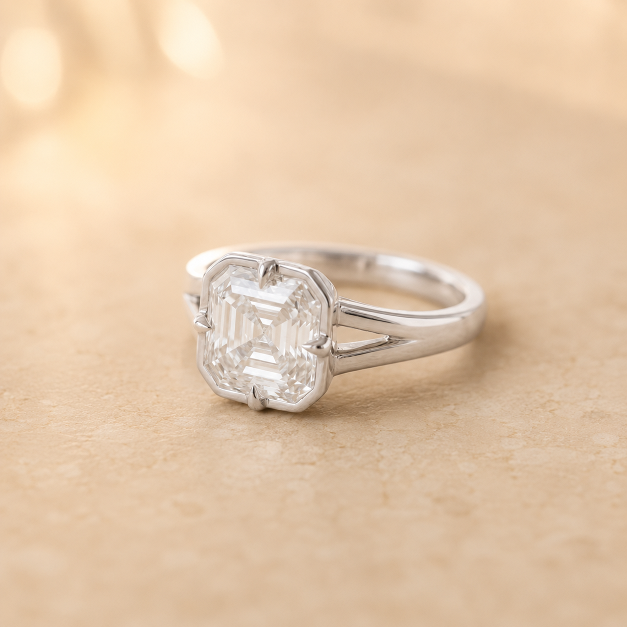 2.00 CT Asscher Cut Lab-Grown Diamond Solitaire Engagement Ring in 14K White Gold – Modern Compass Prong Low Set Design