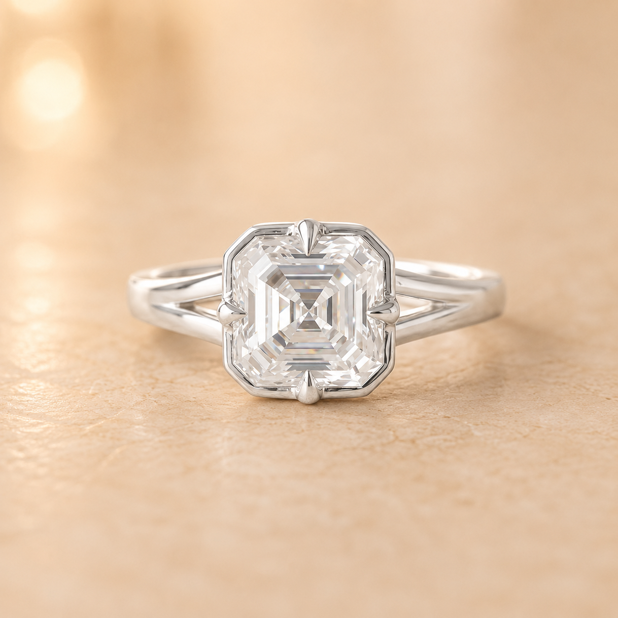 2.00 CT Asscher Cut Lab-Grown Diamond Solitaire Engagement Ring in 14K White Gold – Modern Compass Prong Low Set Design