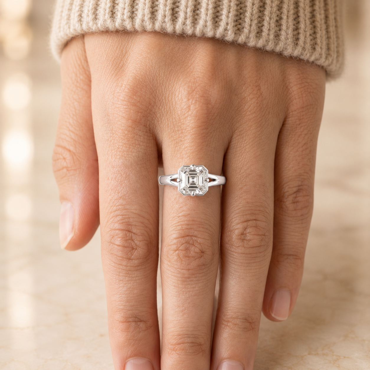 2.00 CT Asscher Cut Lab-Grown Diamond Solitaire Engagement Ring in 14K White Gold – Modern Compass Prong Low Set Design