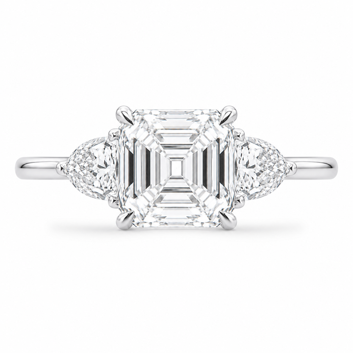6.00 CT Asscher Cut Lab-Grown Diamond Three Stone Engagement Ring in 14K White Gold â€“ IGI Certified Trillion Side Stone Design from Diamond Studio