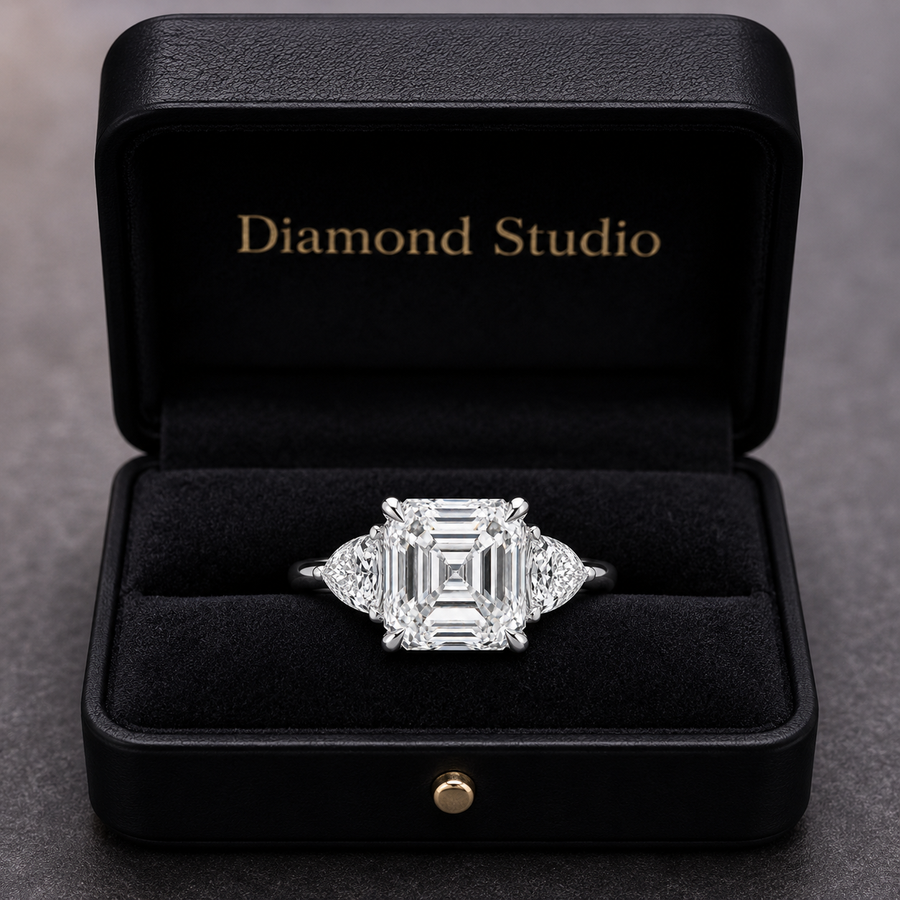 6.00 CT Asscher Cut Lab-Grown Diamond Three Stone Engagement Ring in 14K White Gold – IGI Certified Trillion Side Stone Design