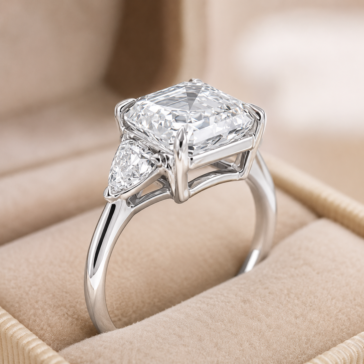 6.00 CT Asscher Cut Lab-Grown Diamond Three Stone Engagement Ring in 14K White Gold – IGI Certified Trillion Side Stone Design